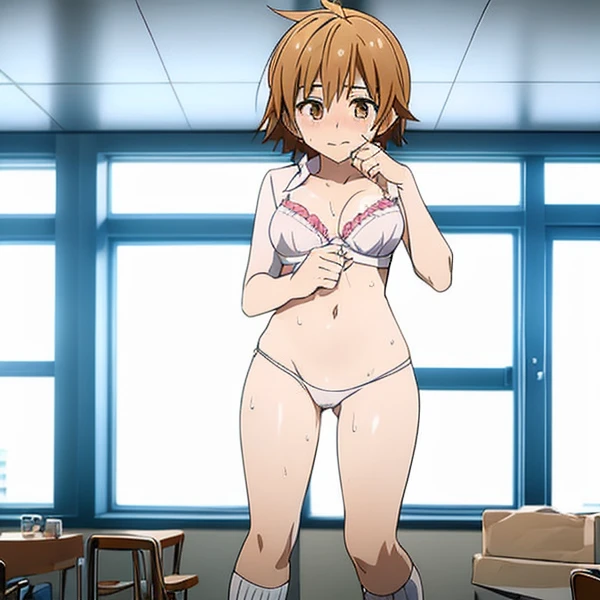 Female Breast、（1 female、In white underwear that digs into her butt、cute bra）、standing with one&#39;s inner thighs、long socks、blushed、shameずかしい、cute、short hair、Full body Esbian、light brown hair、(masterpiece、highest quality）、 shiny skin、(1 girl: nose, naught...