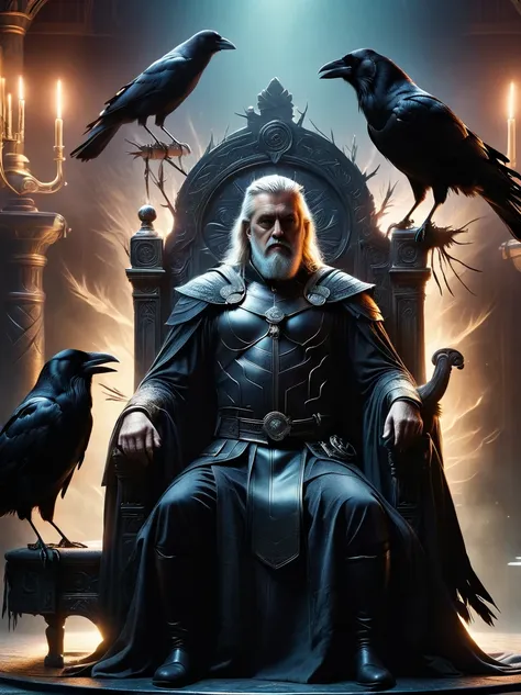 norse mythology, odin, king of the gods, sit on the throne, (two crows perched on either side of him:1.6), raven focus, dark moo...