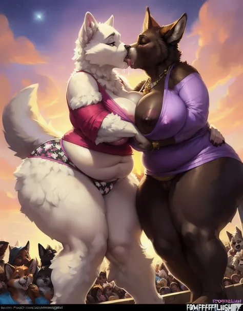 by Pino Daeni, (by Foxovh), by dizzyknight, by cumbread, by sligarthetiger, explict content, uploaded on e621, (extremely detailed:1.3), 2 girls, (duo focus:1.2), (kissing:1.3), (breasts frottage:1.5), (furry body), (mature female:1.5), wide hips, (very ta...