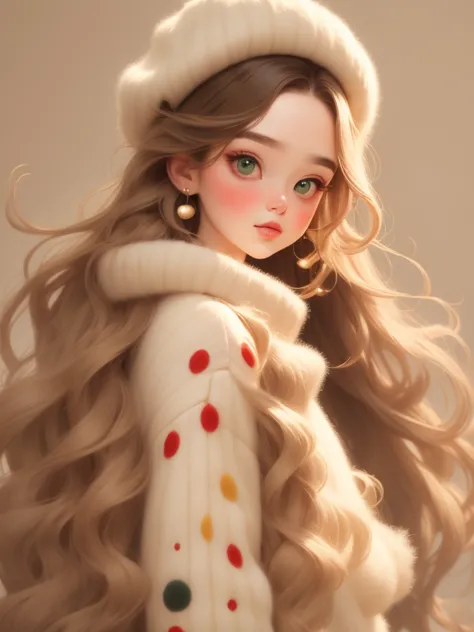 (masterpiece, best quality:1.2),a beautiful girl，Skin detail processing，The eyes are finely described，Delicate hair，wavy long hair，Long light hair，Berets，Green sweater，white dots，skirt，Retro contrasting colors，clean background
