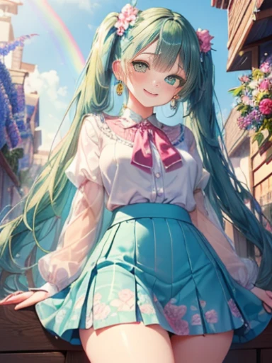 小さなgirl、The arrival of spring、thick thighs、thick thighs、 big ass、(alone:1.5,)Super detailed,bright colors, very beautiful detailed anime face and eyes, look straight, ;d, shiny_skin,girl, ((rainbow colored hair、long hair）） 、forehead is exposed.、green eyes、...