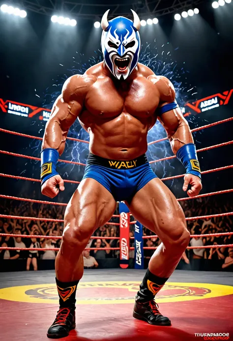 (best quality,4k,highres),Muscular macho,wrestling mask,bloody devil mask,champion theme,powerful body,sweating body,heatwaves,aggressive pose,ripped muscles,bulging veins,dominant presence,intense eyes,ferocious expression,battle scars,tattoos,heavy breat...