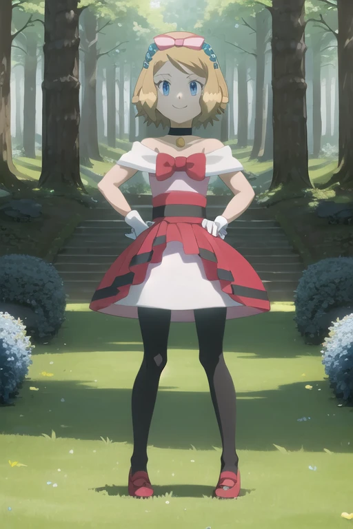 masterpiece, best quality, 1girl,serena (pokemon), short hair, blonde hair, blue eyes, eyelashes, black choker, hair bow, dress, collarbone, white gloves, brown pantyhose, red shoes, hands on hips, smile, looking at viewer, solo, forest background,  using ...