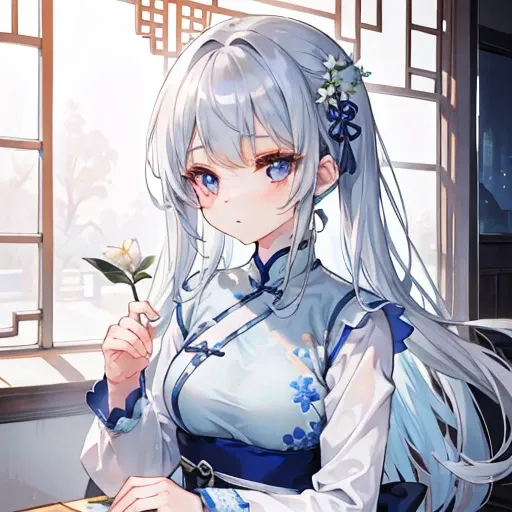 gray hair、very smooth hair，Wearing a blue Chinese dress，It looks light，Milky cry，very cute，She is a cute girl with a kind disposition.