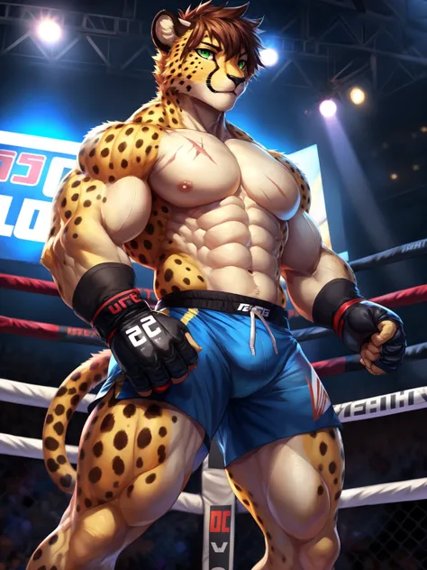 ([by Pngx (artist), by Viskasunya, by Etheross:by Chumbasket, by Cutesexyrobutts, by Juiceps:by Hokusai, by Butterchalk:0.35]), solo, male, (cheetah:1.25), scars, (huge muscles:1.5), (green eyes), (brown hair, short hair), tail, (ufc shorts, ufc fingerless...