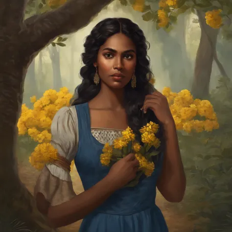 A young PEASANT woman, brown skin color, long and wavy black hair. At the front of the hair, a braid embedded on each side. She is wearing a blue dress, small prints of yellow flowers, and a worn apron over it. She is leaning against a tree in the middle o...