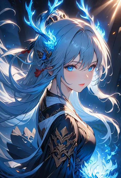 FF,(masterpiece:1.2),best quality,highres,extremely detailed CG,perfect lighting,8k wallpaper,anime,comic,game CG,1girl,solo,long hair,glowing,horns,blue theme,glowing eyes,blue eyes,looking at viewer,animal ears,antlers,dress,armor,black dress,blue fire,p...