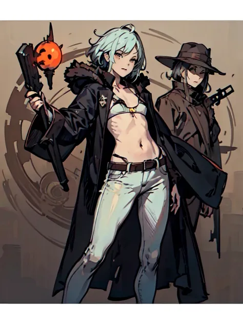 highest quality, High resolution,（White fur coat and denim pants）, colorful, （cyberpunk style）, High contrast and highly detailed, Horror Concept Art, circus, crazy illustration, flat illustration、small eyes、small breasts, Mr.々colored hair, realistic, mast...