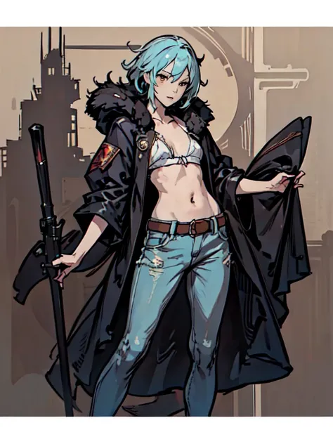 highest quality, High resolution,（White fur coat and denim pants）, colorful, （cyberpunk style）, High contrast and highly detailed, Horror Concept Art, circus, crazy illustration, flat illustration、small eyes、small breasts, Mr.々colored hair, realistic, mast...