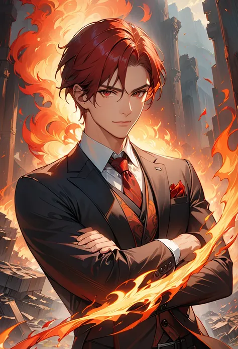 1man,solo,handsome,red eyes,side part,short hair,wear in suit,pants,simle,arms_crossed,stand,Doom ruins background,Light of fire,clear face,close-up,half body,highly detailed,masterpiece,wallpaper,day,colorful,Red tone