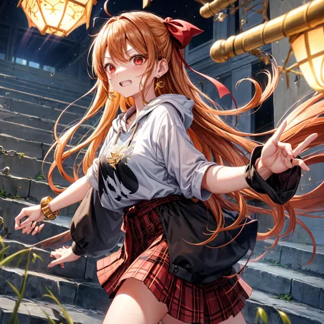 Brown, red, gold, golden hair、red eyes、one good looking girl、solo、anime、plaid mini skirt、black camisole、black t-shirt、hoodie、wearing a ribbon、ribbon at waist、Crystal Earrings、treasure石のネックレス、Light and shadow、Tilting face、teeth are visible、pillar、evil looki...