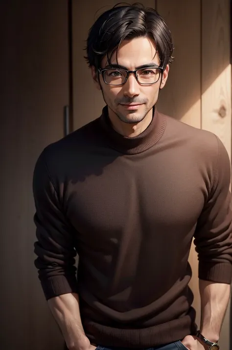 adult male, 35 years old, dark brown eyes, with glasses, thin, no muscles, black hair, with red sweater, stare in front of the camera, smile、realistic pictures