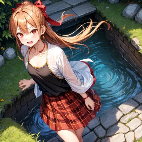 Brown, red, gold, golden hair、red eyes、one good looking girl、solo、anime、plaid mini skirt、black camisole、black t-shirt、hoodie、wearing a ribbon、ribbon at waist、Crystal Earrings、treasure石のネックレス、Light and shadow、Tilting face、teeth are visible、pillar、evil looki...