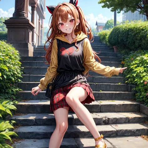 Brown, red, gold, golden hair、red eyes、one good looking girl、solo、anime、plaid mini skirt、black camisole、black t-shirt、hoodie、wearing a ribbon、ribbon at waist、Crystal Earrings、treasure石のネックレス、Light and shadow、Tilting face、teeth are visible、pillar、evil looki...