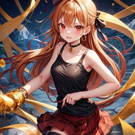 Brown, red, gold, golden hair、red eyes、one good looking girl、solo、anime、plaid mini skirt、black camisole、black t-shirt、hoodie、wearing a ribbon、ribbon at waist、Crystal Earrings、treasure石のネックレス、Light and shadow、Tilting face、teeth are visible、pillar、evil looki...