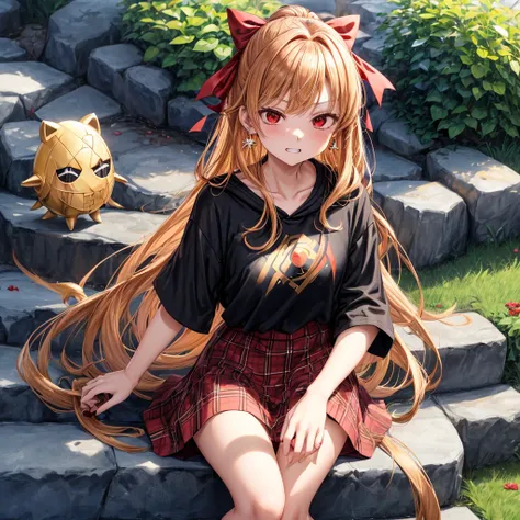 Brown, red, gold, golden hair、red eyes、one good looking girl、solo、anime、plaid mini skirt、black camisole、black t-shirt、hoodie、wearing a ribbon、ribbon at waist、Crystal Earrings、treasure石のネックレス、Light and shadow、Tilting face、teeth are visible、pillar、evil looki...