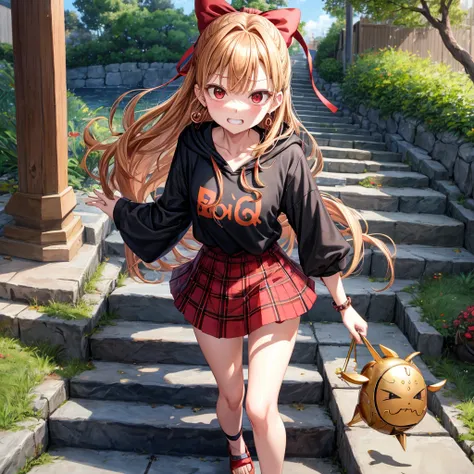 Brown, red, gold, golden hair、red eyes、one good looking girl、solo、anime、plaid mini skirt、black camisole、black t-shirt、hoodie、wearing a ribbon、ribbon at waist、Crystal Earrings、treasure石のネックレス、Light and shadow、Tilting face、teeth are visible、pillar、evil looki...