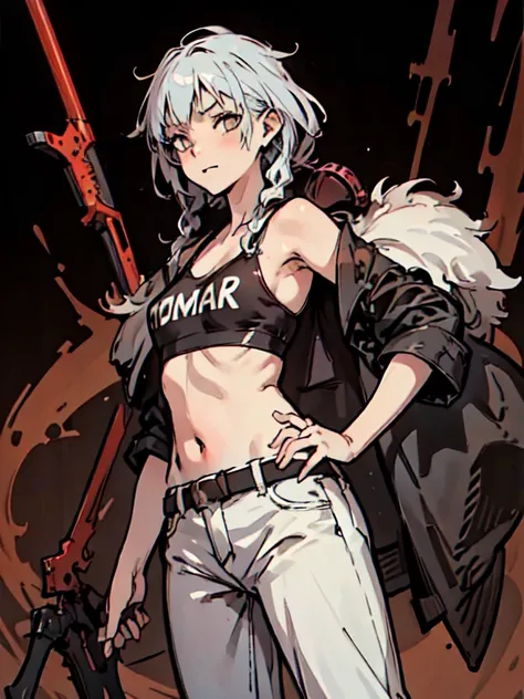 ((18 year old punk girl with dreadlocks)),highest quality, High resolution,（White fur coat and denim pants）, colorful, （cyberpunk style）, High contrast and highly detailed, Horror Concept Art, circus, crazy illustration, flat illustration、small eyes、small ...