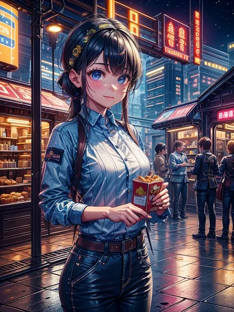 A girl selling breakfast, future, fast food stall, 製作Sandwiches, LED light, Colored LEDs, Sandwiches, drinks, Menus,  Breakfast 5 euros, cute girl, ((extremely detailed face)),