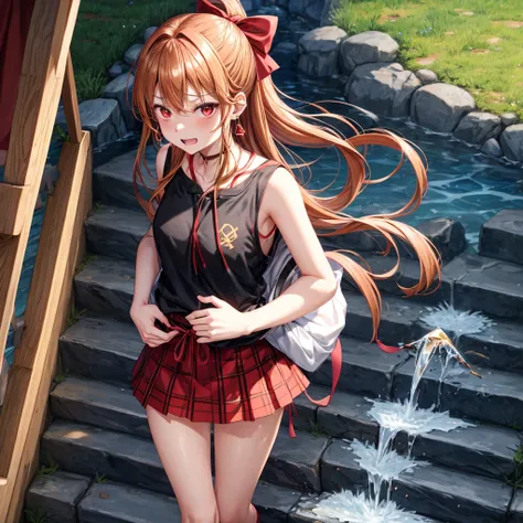 Brown, red, gold, golden hair、red eyes、one good looking girl、solo、anime、plaid mini skirt、black camisole、black t-shirt、hoodie、wearing a ribbon、ribbon at waist、Crystal Earrings、treasure石のネックレス、Light and shadow、Tilting face、teeth are visible、pillar、evil looki...