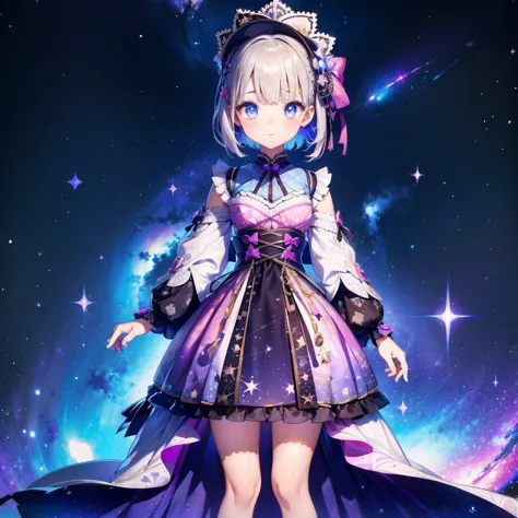 1girl、vtuber-fullbody、star fairy、「a beautifully printed galaxy patterned kimono and gothic lolita outfit.、space pattern box plea...