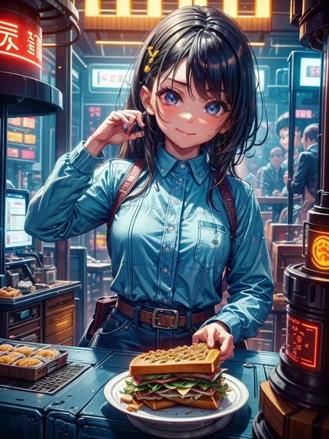 A girl selling breakfast, future, fast food stall, 製作Sandwiches, LED light, Colored LEDs, Sandwiches, drinks, Menus,  Breakfast 5 euros, cute girl, ((extremely detailed face)),