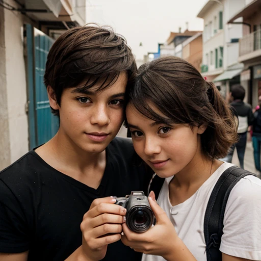 A boy is taking a photo with a girl