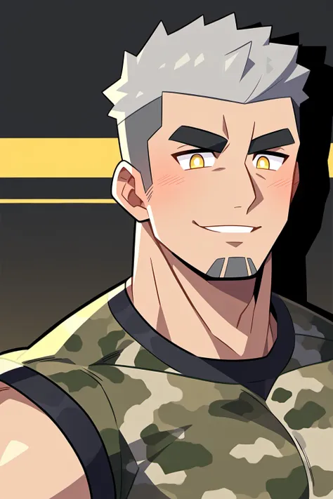 anime characters：Gyee, Fitness coach, 1 muscular tough guy, Manliness, male focus, Camouflage sleeveless T-shirt, Very tight, Slightly transparent, muscular male, muscular, only, Upper body, alone, Black short hair, Thick eyebrows, stubble, Yellow eyes, Bl...