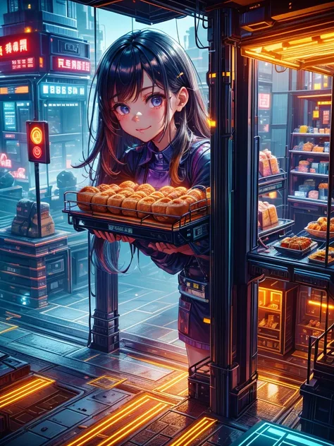 A girl selling breakfast, future, fast food stall, 製作Sandwiches, LED light, Colored LEDs, Sandwiches, drinks, Menus,  Breakfast 5 euros, cute girl, ((extremely detailed face)),