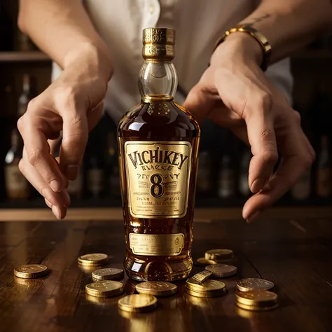 A bottle of whiskey with gold coins at the bottom.