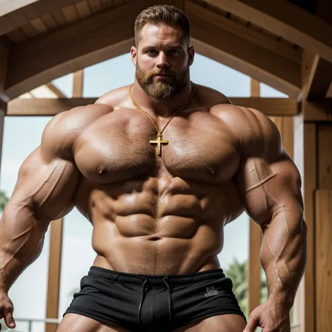 Whole body image of an Absolute monster of a Caucasian bodybuilder is showing off his huge bicep muscles and meaty thighs. Huge huge shoulders, he is as broad as he is tall. 35 years old. Blond, close cropped beard, powerfully muscled, massive shoulders an...