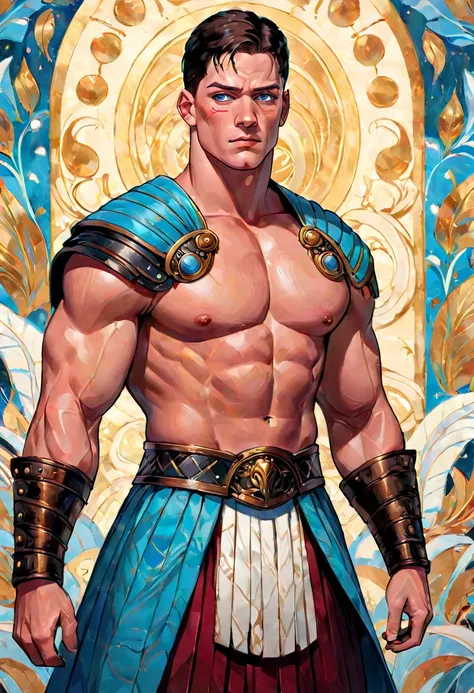 chiaroscuro technique on sensual illustration of an masculine, 26-year-old Italian male model, handsome Roman, (John Cena) he is the god of war, he is Ares, Mars, evil-looking, strong look, light blue eyes, strong jawline, dressed as a gladiator, ancient g...