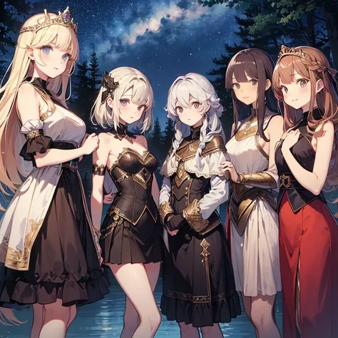 A group of young princesses, (in forest), various hair styles, harem, wearing royal dress, metal armor, night, details face, , short skirt, seducing, sleeveless , showing armpits, night, starry night