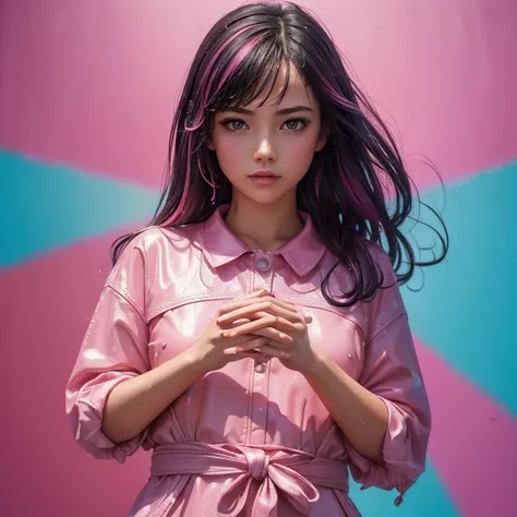 (((full medium shot))), (Masterpiece, best quality, ultra-detailed:1.3), (nice hands, perfect hands), official art, cinematic light, (1girl:1.3), adult, pink, street art, divine, (vibrant coloured background:1.3), wet, rain 