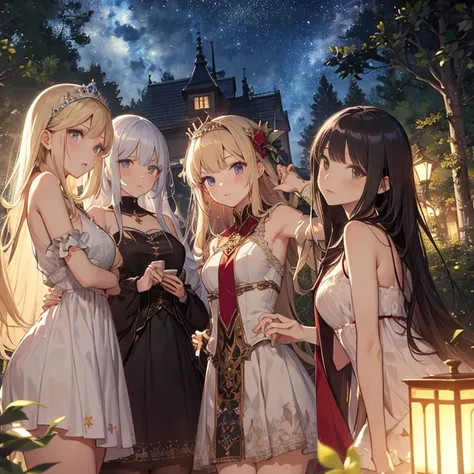 A group of young princesses, (in forest), various hair styles, harem, wearing royal dress, night, details face, , short skirt, seducing, sleeveless , showing armpits, night, starry night