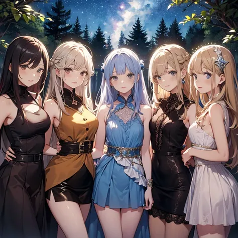 A group of young princesses, (in forest), various hair styles, harem, wearing royal dress, night, details face, , short skirt, seducing, sleeveless , showing armpits, night, starry night