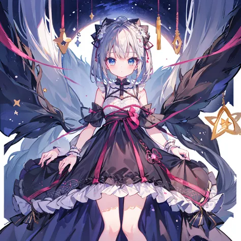 vtuber-fullbody、Star Fairy、((masterpiece))、((highest quality))、((Super fine))、pretty girl、gray hair、beautiful blue eyes、Kimono Goth 、ribbon、Angel&#39;s wing、🤍、((simple white background))、☆、