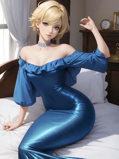 1girl, crossdressing, anime, beauty, small breasts, short hair, blonde hair, blue eyes, woman mermaid dress, long dress, off shoulder, bedroom, sexy pose, 