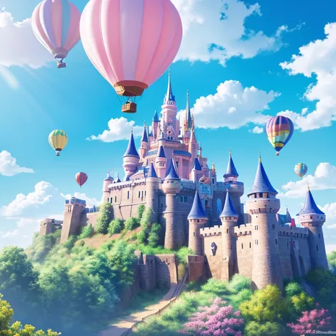 masterpiece, highest quality, official art, 8k wallpaper, very detailed, scenery、balloon、blue sky、Castle in the distance、pastel colour、cute