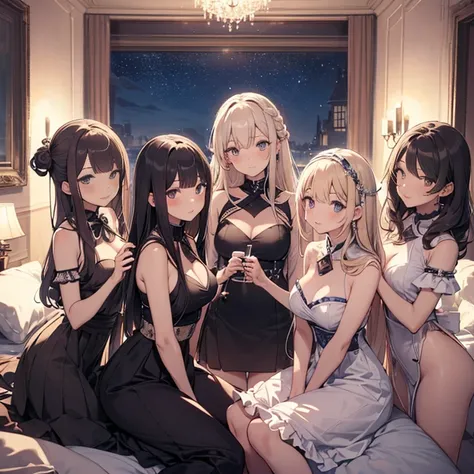 A group of young princesses, (in bedroom), various hair styles, harem, wearing royal dress, night, details face, , short skirt, seducing, sleeveless , showing armpits, night, starry night