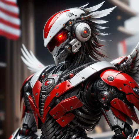 Super detailed, Fashionable Realism, The art of math, Mecha Eagle, Red eyes, Dressed in elegant red and white robot armor，Comes with mechanical parts and helmet，Background photo with American flag , sci-fi armor, Super Detailed Armor, Carbon structure, Gho...