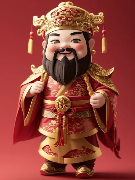 1 male,smile，chinese clothes,black eyes,beard,alone,whole body,red_background,chibi,masterpiece,best quality,super detailed,hanf...