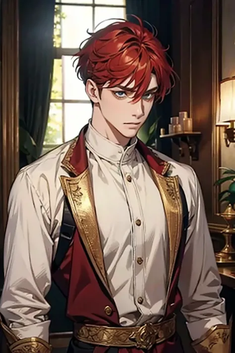 one man, adult, ((male)), short hair, tall, red hair, golden eyes, perfect face, beautiful clothing, antique clothing, detailed, dynamic lighting, (best quality), (masterpiece), (referencesheet:1.5)