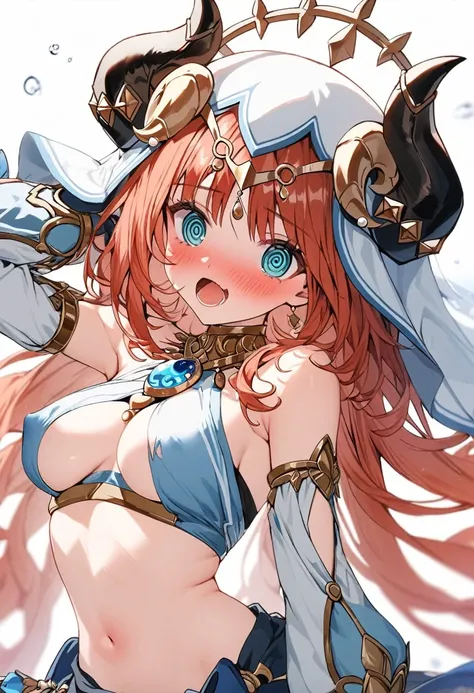  genshin_impact nilou_(genshin_impact) commentary_request highres 1girl @_@ aqua_eyes bare_shoulders black_horns blue_gemstone blue_sleeves blurry blurry_background blush breast_cutout crop_top dancer depth_of_field detached_sleeves fake_horns gem horns lo...