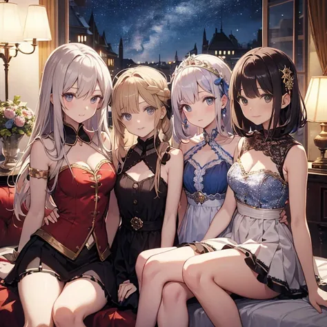 A group of young princesses, (in bedroom), various hair styles, harem, wearing royal dress, night, details face, , short skirt, seducing, sleeveless , showing armpits, night, starry night