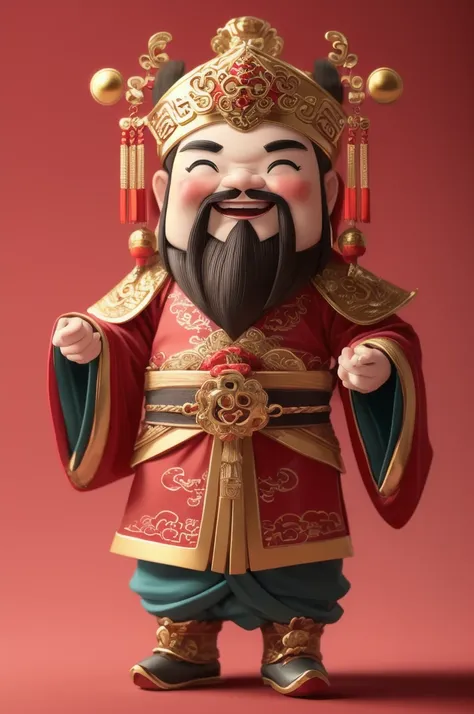 1 male,smile，chinese clothes,black eyes,beard,alone,whole body,red_background,chibi,masterpiece,best quality,super detailed,hanf...