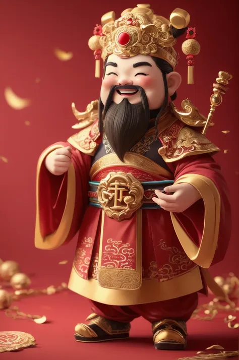 1 male,smile，chinese clothes,black eyes,beard,alone,whole body,red_background,chibi,masterpiece,best quality,super detailed,hanf...