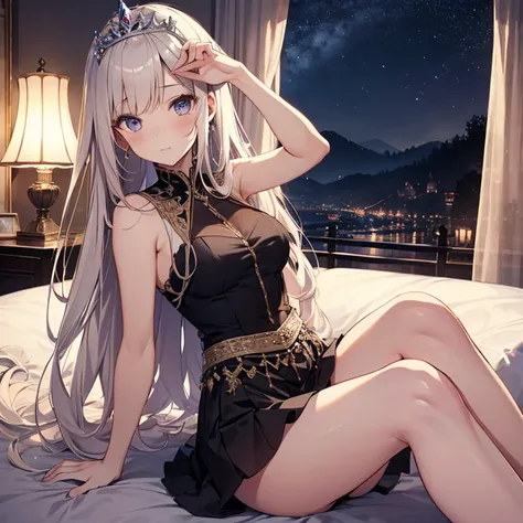 A group of young princesses, (in bedroom), various hair styles, harem, wearing royal dress, night, details face, , short skirt, seducing, sleeveless , showing armpits, night, starry night, spreading legs,. panties 