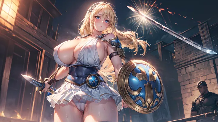 NSFW,(1girl), (lewd underwear) ((vulgarity) (in heat) (sweat) (masterpiece) (high resolution) (gigantic breasts)),(curvy),(pussy line),(cameltoe)sensual, long blonde hair, thick thighs, 8K, 4k, highest quality, (High resolution:1.6), cute anime face, noise...