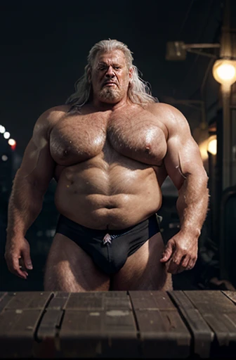  A sweaty elderly cyborg standing with silver hair extremely muscular and extremely fat over 70 years old weighing over 600 pounds with extremely large muscular and very sagging and very hairy breasts with gynecomastia and very large, dark pointed nipples ...